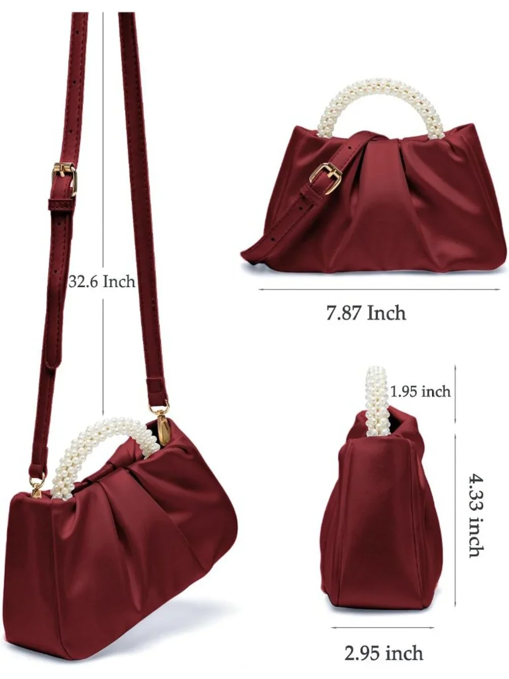 👜Women's Wine Red Leather Wedding Party Pearl Clutch Purse Magnetic Snap